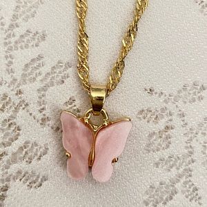 gold plated butterfly pink charm necklace